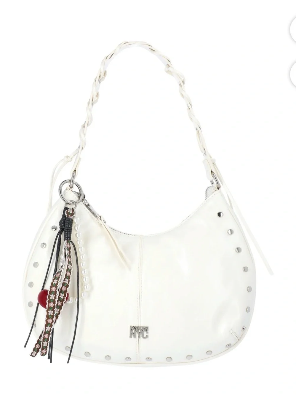 Madden NYC White Studded Hobo Shoulder Bag with Charm